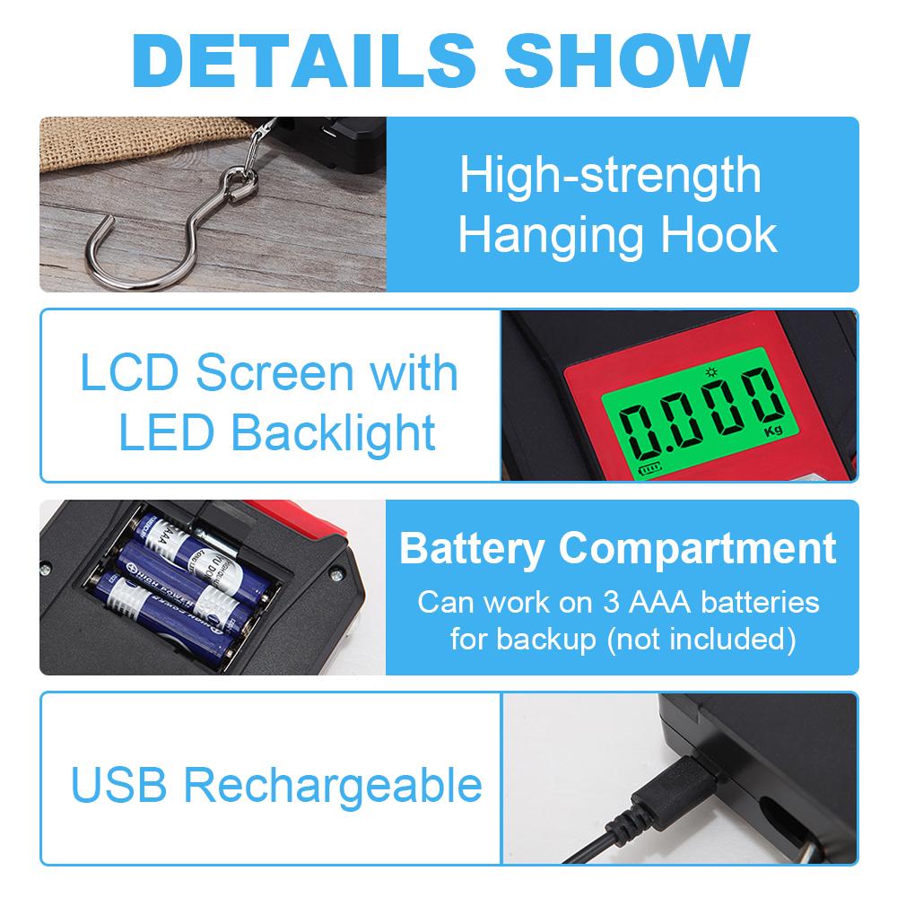 Portable Fish Scale 50kg/110lb Rechargeable Digital Hanging Fishing Luggage Scale with 1.5M Tape Measure