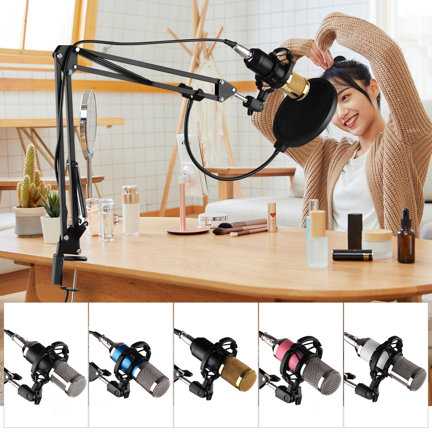 Bộ micrô thu âm trong phòng thu phát sóng chuyên nghiệp với kính chắn gió micrô + Giá đỡ sốc + Có thể điều chỉnh - Màu trắng