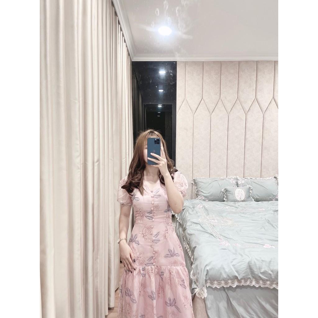 VÁY HOA TƠ CỔ V ĐUÔI CÁ CÚC BỌC