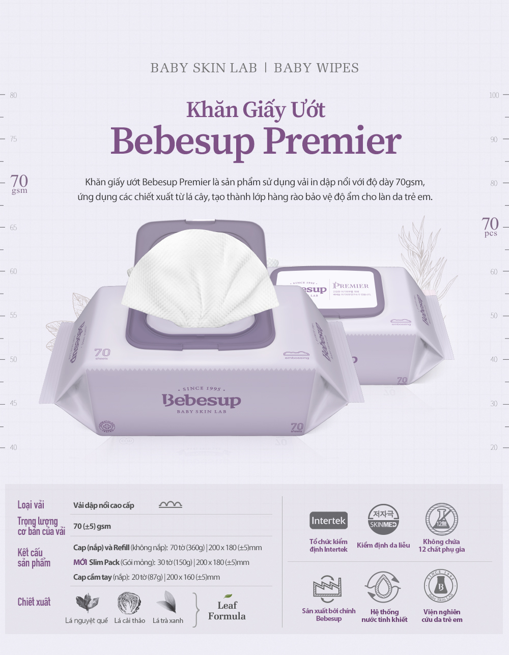 5 GÓI KHĂN GIẤY ƯỚT EM BÉ BEBESUP PREMIER (70 TỜ/GÓI)