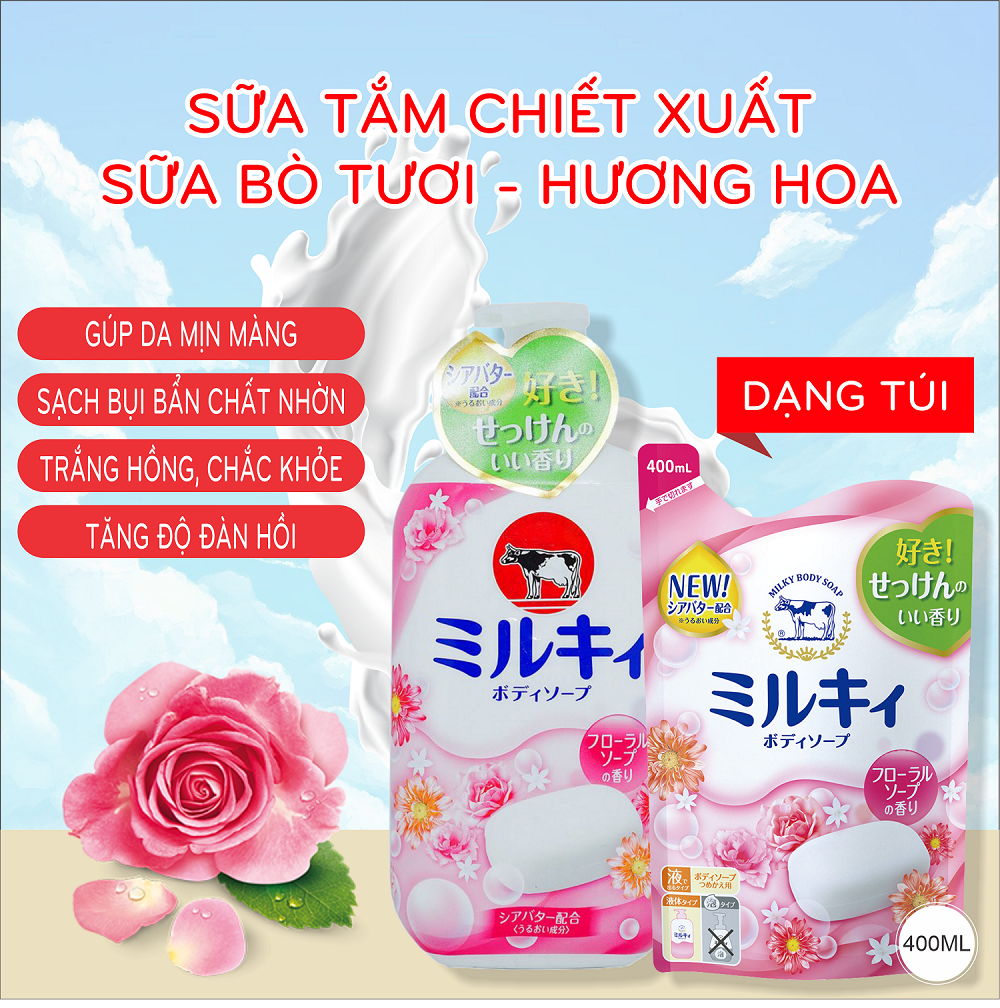 Sữa Tắm Dưỡng Trắng Mịn Da Hương Hoa Hồng Cow Milky Body Soap Flower Chiết Xuất Sữa Bò Tươi Refil 400mL (Combo 400mL Và Set 24mL)