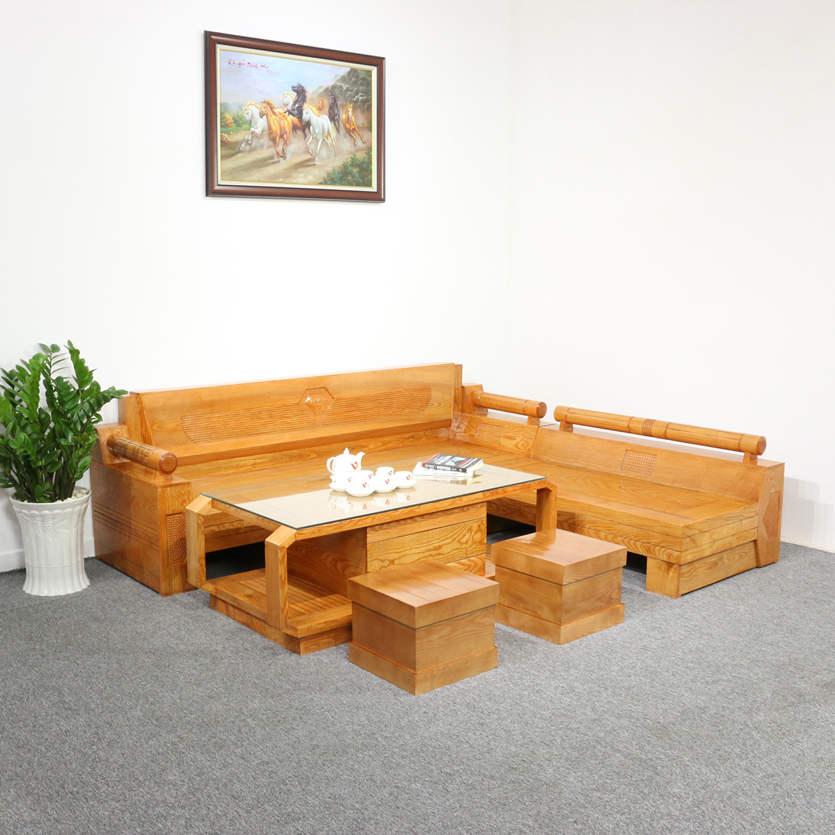 Bộ Sofa Góc Chữ L Chạm Kim Cương Gỗ Sồi Nga Đẹp Giá Rẻ
