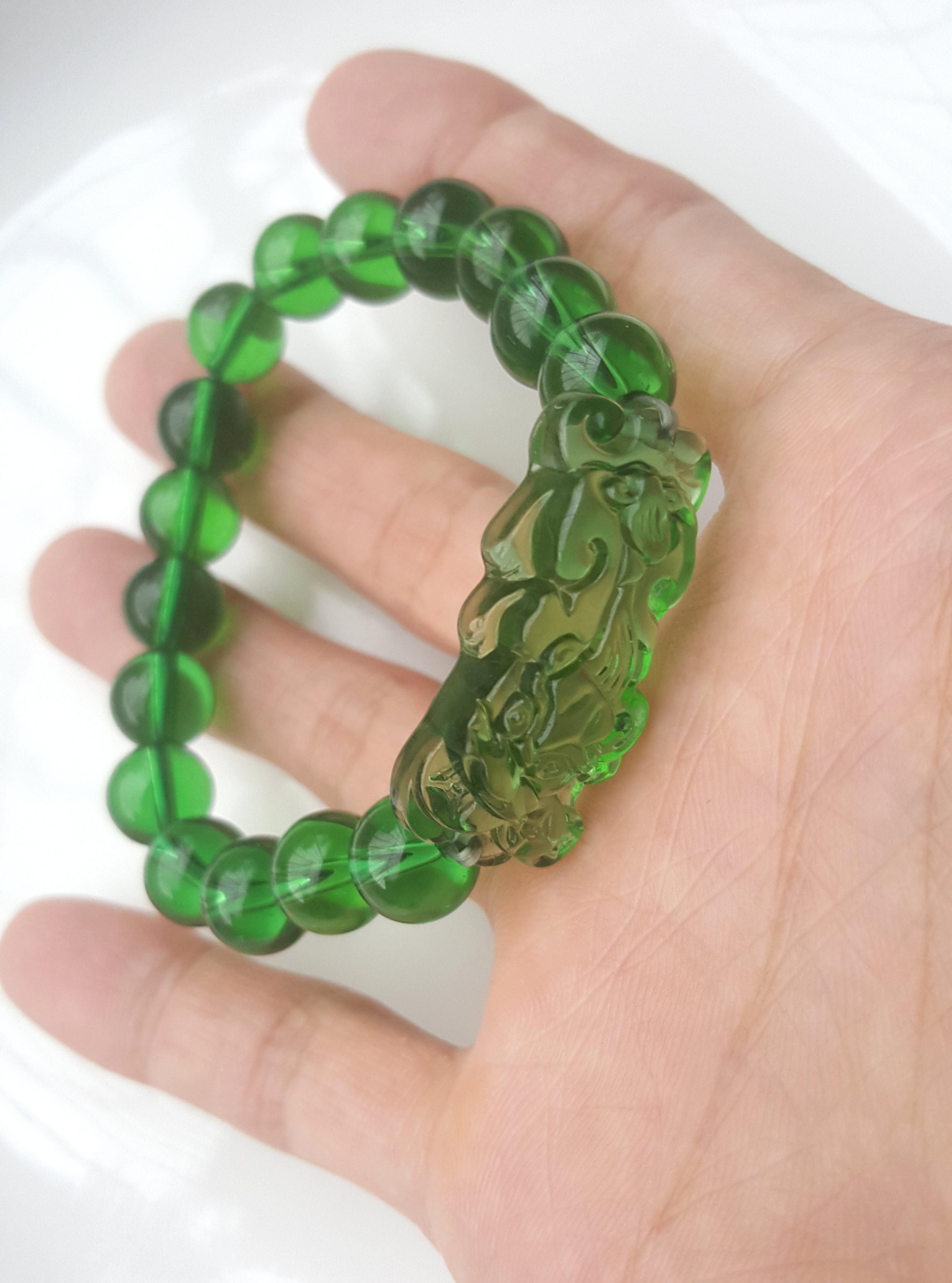 Vòng tay đá pha lê xanh lá cây mix tì hưu cầu tài lộc, may mắn, bình an phong thủy