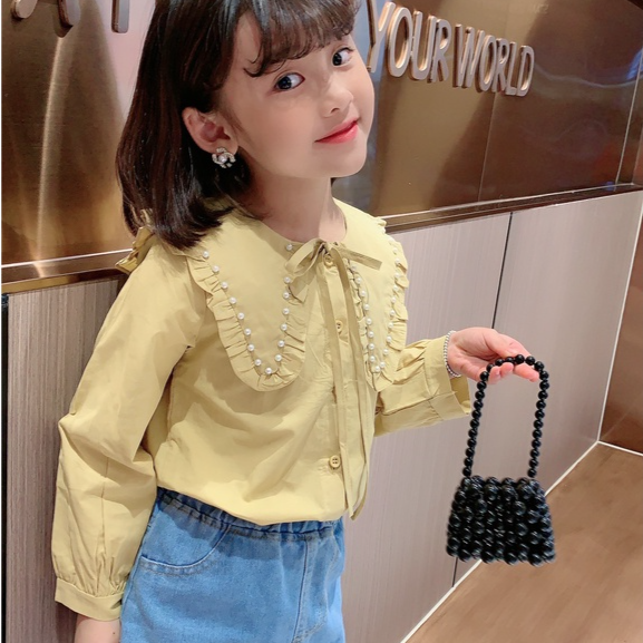 Áo sơ mi bé gái dài tay cổ phối ren 3-8 tuổi chất liệu vải thô cao cấp kiểu dáng thời trang