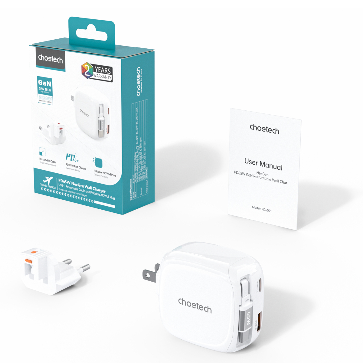 Bộ sạc nhanh Choetech PD6123 GaN 65W tích hợp dây USB C và chân cắm gập gọn (Hàng chính hãng)