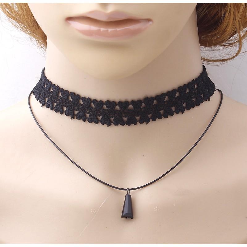 Vòng cổ chocker ren tatoo 2 tầng đen tuyền sang trọng