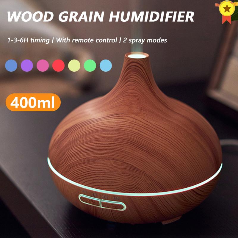 400Ml Siêu Âm Thông Minh Máy Tạo Độ Ẩm Không Khí Thơm Khuếch Tán Tinh Dầu Gỗ Hạt Điều Khiển Từ Xa LED 7 Màu Đèn nhà