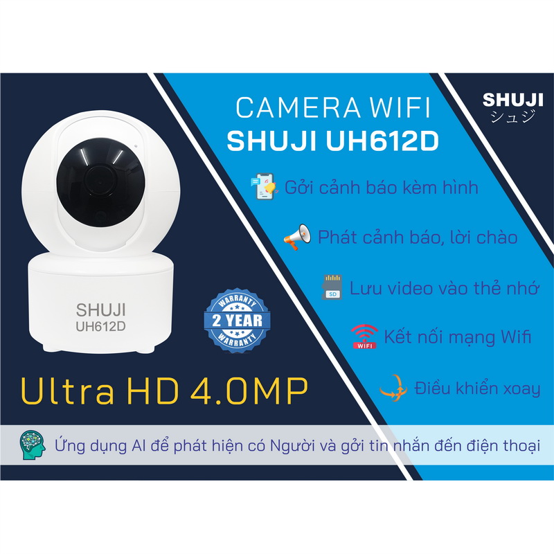 Camera Wifi không dây SHUJI UH612D - Xoay 360 độ - Báo động khi có trộm - Độ phân giải 4.0mp cho hình ảnh nét đẹp gấp đôi Full HD 1080- Hàng chính hãng