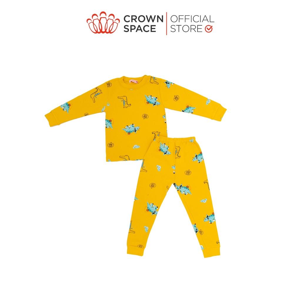 Bộ Mặc Nhà Dài Tay Bé Trai Crown Space Cao Cấp Vàng Pastel - Cotton Thoáng Mát Hình Khủng Long CKBL5911708 Size 19-27Kg