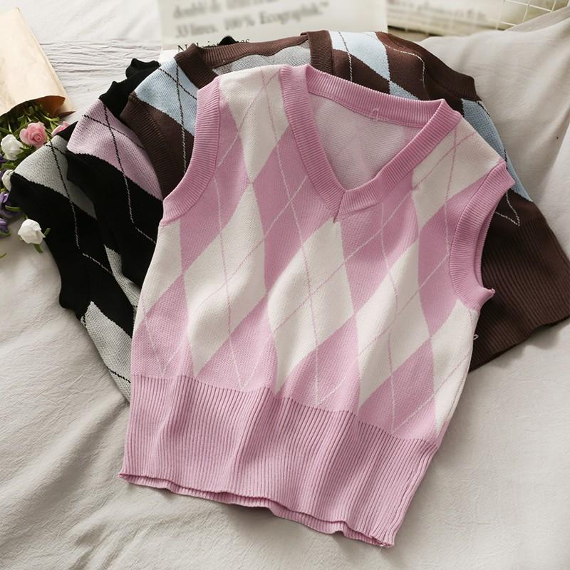 Áo Tank Top Dệt Kim Cổ Chữ V Màu Tương Phản Phong Cách Retro Cho Nữ