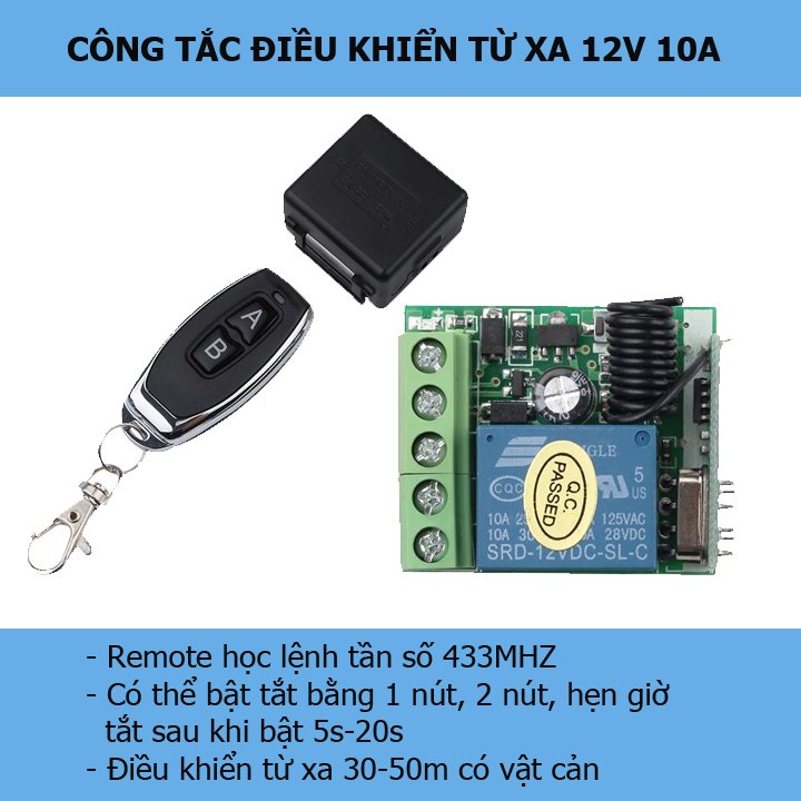 Công tắc điều khiển từ xa 12V DC 10A- mạch công tắc điều khiển từ xa dùng điện 1 chiều 12V DC