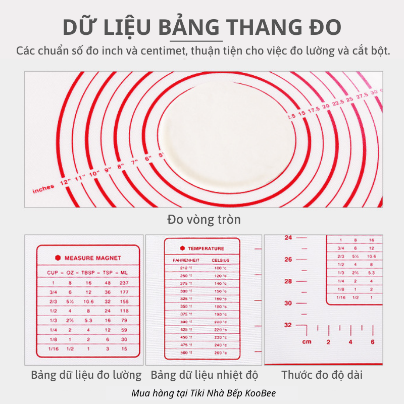 Thảm silicon nhào bột chống dính KOOBEE có vòng tròn và thang đo kích thước - Dụng cụ làm bánh tiện dụng cho nhà bếp