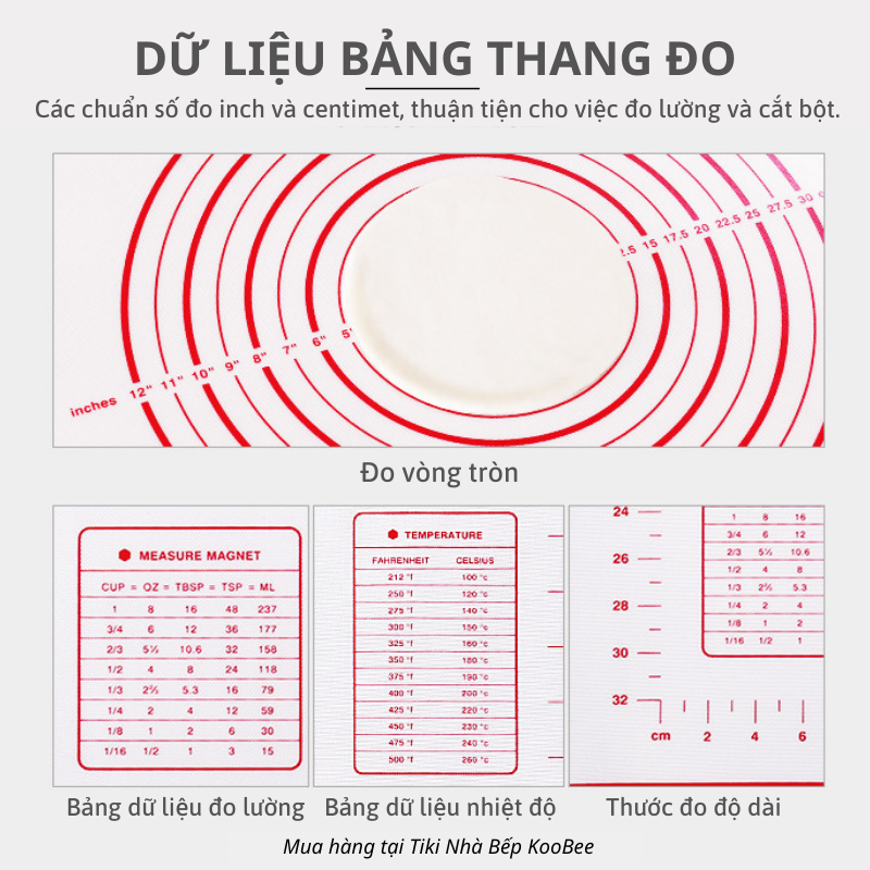 Thảm silicon nhào bột chống dính KOOBEE có vòng tròn và thang đo kích thước - Dụng cụ làm bánh tiện dụng cho nhà bếp