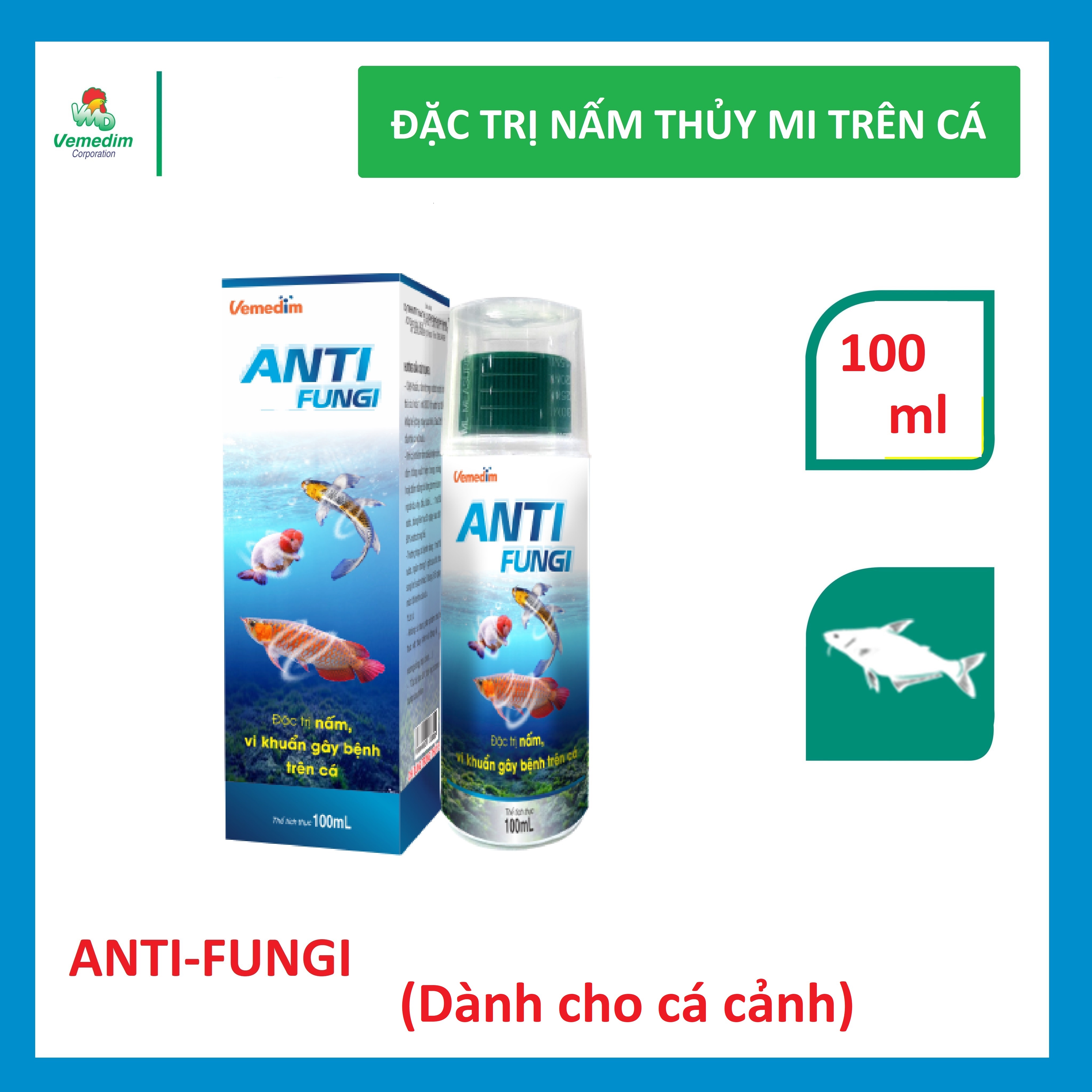 Vemedim Anti-fungi cá đặc trị nấm thủy mi, nhiễm khuẩn mang, nấm trong môi trường ao nuôi, chai 100ml
