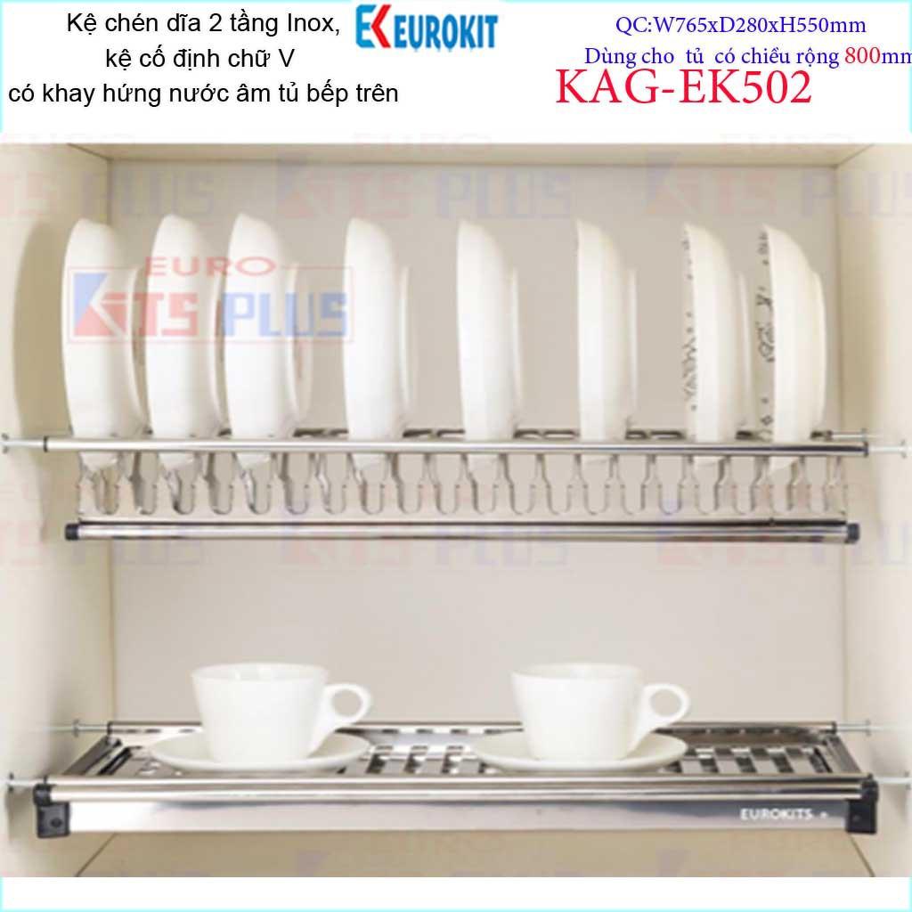 Kệ chén dĩa âm tủ chữ V KAG-EK502-80cm, Kệ chén bát 2 tầng Eurokit inox bóng cao cấp