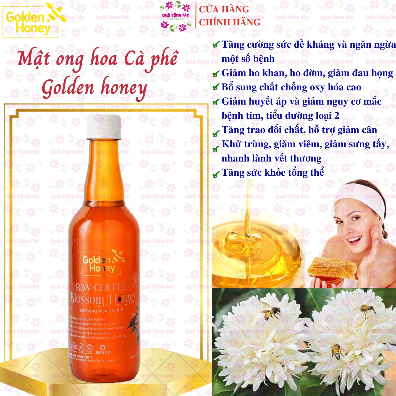 Mật ong Golden honey hỗ trợ tăng sức đề kháng, giảm ho, viên họng, dưỡng ẩm da và môi cang bóng mịn màng, dùng nấu ăn - QuaTangMe Extaste