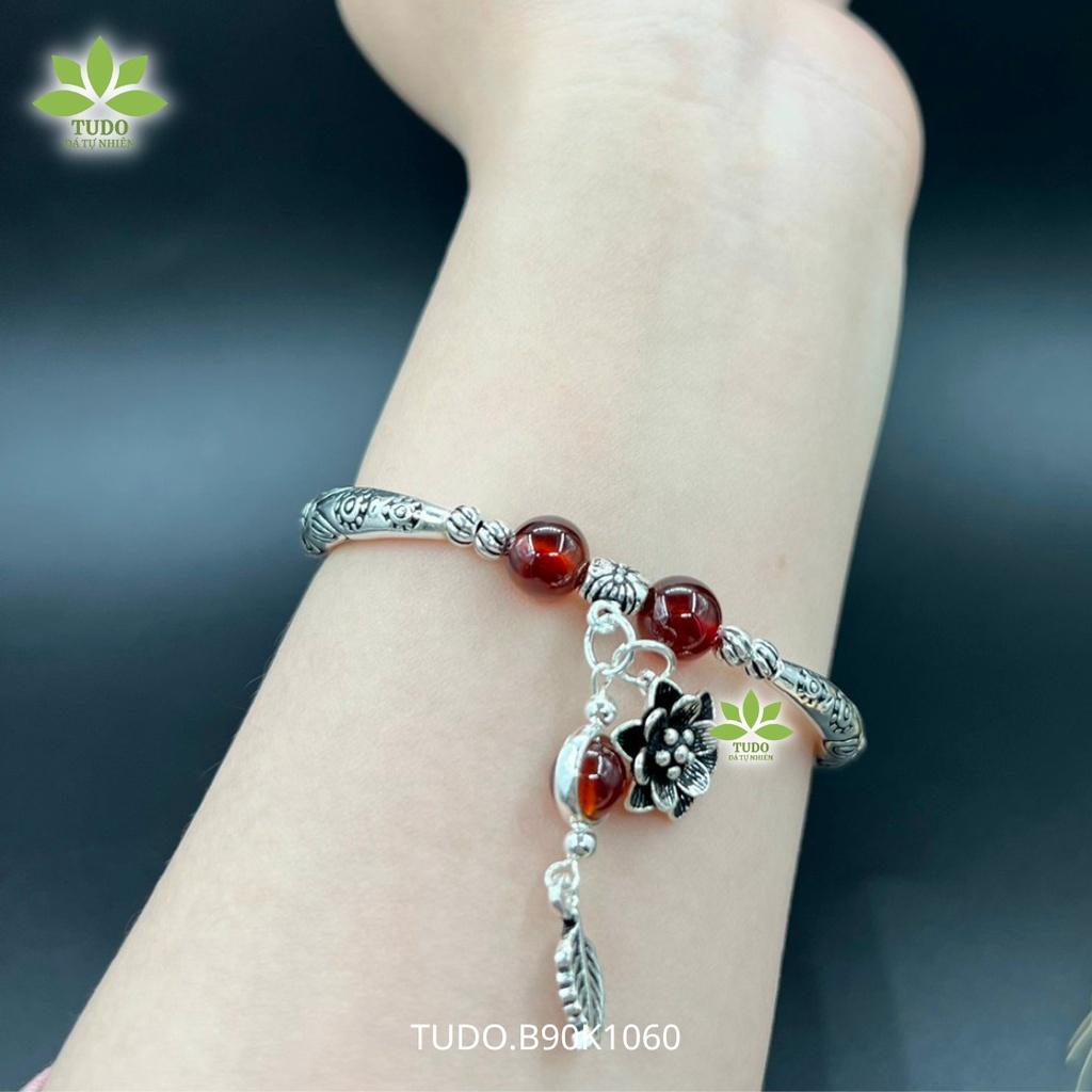 Vòng Tay Nữ Đẹp - Vòng Phong Thủy Mệnh Hỏa Thổ TUDO VCBGARN AG925 B90K1060 Charm Lá, Ống Khắc Hoa