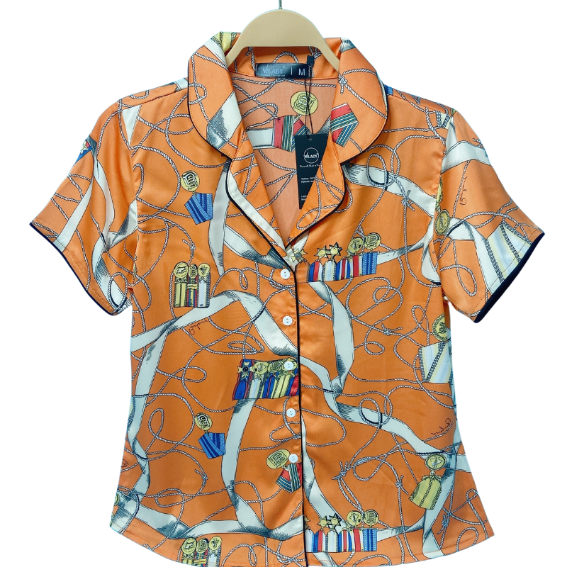 Đồ bộ Pyjama lụa, đồ mặc nhà nữ VILADY - B134 kiểu quần đùi tay cộc, họa tiết siêu dễ thương, chất liệu lụa Pháp - Màu cam
