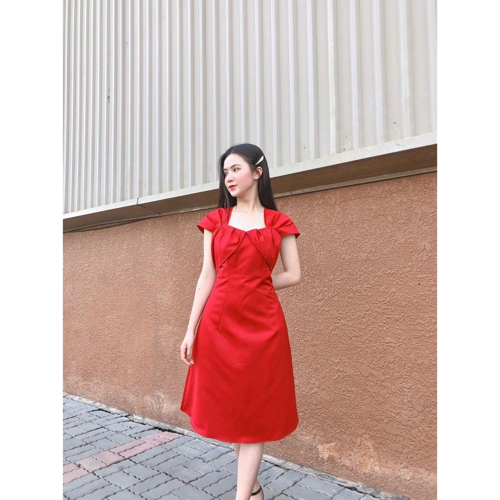 ĐẦM PHI TAPTA ĐỎ ĐÊN TRẮNG HỒNG TAY BÚP SEN CỔ V DÁNG XÒE-hình thật shop chụp