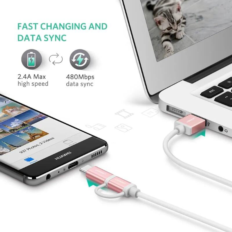 Ugreen UG30542US177TK 0.5M màu Hồng Cáp USB-A sang Micro USB + USB-C cao cấp - HÀNG CHÍNH HÃNG