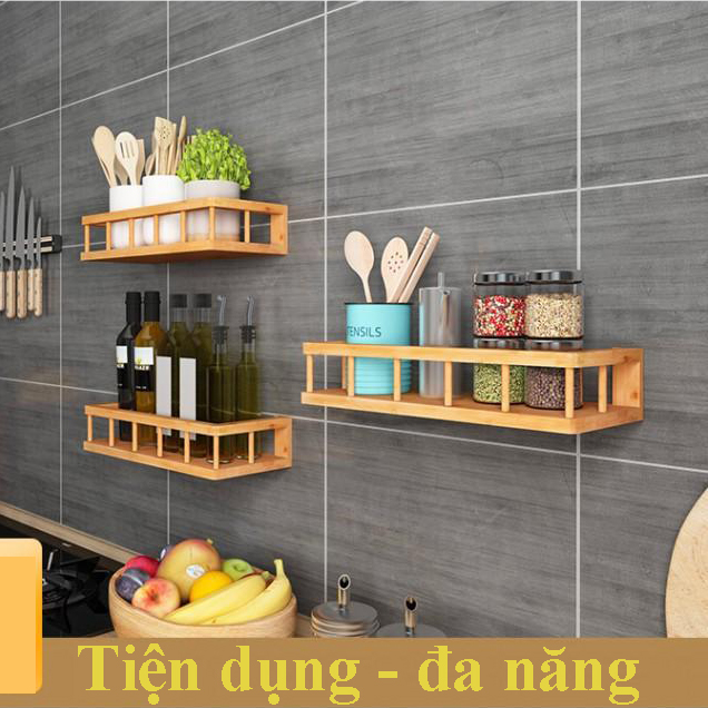 Giá kệ gỗ tre đa năng treo tường nhà bếp hay phòng tắm phòng khách đều được,bằng gỗ tre,Kích thước 37 x 15 x 8 cm,màu vàng Tre nguyên bản,Chống mối mọt cong vênh - Giá kệ gỗ tre treo tường