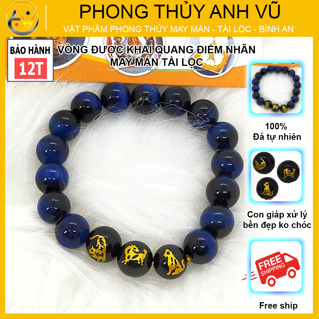 Vòng tay phong thủy nam tam hợp dần ngọ tuất - chất liệu mắt hổ xanh dương - size 8 10 12ly cho người mệnh thủy, mệnh mộc - có khai quang điểm nhãn may mắn tài lộc - bảo hành 12 tháng - PHONG THỦY ANH VŨ