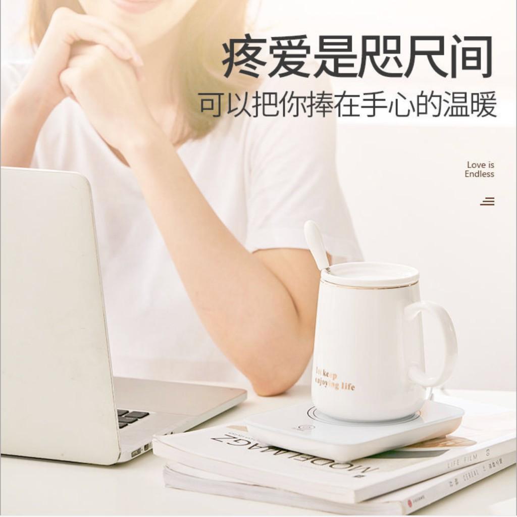 Cốc Hâm Nóng đồ uống kèm đế điện, Bộ ly sứ kèm đế điện hâm nóng trà, cafe, hâm sữa + Tặng kèm thìa vàng, hộp sang trọng