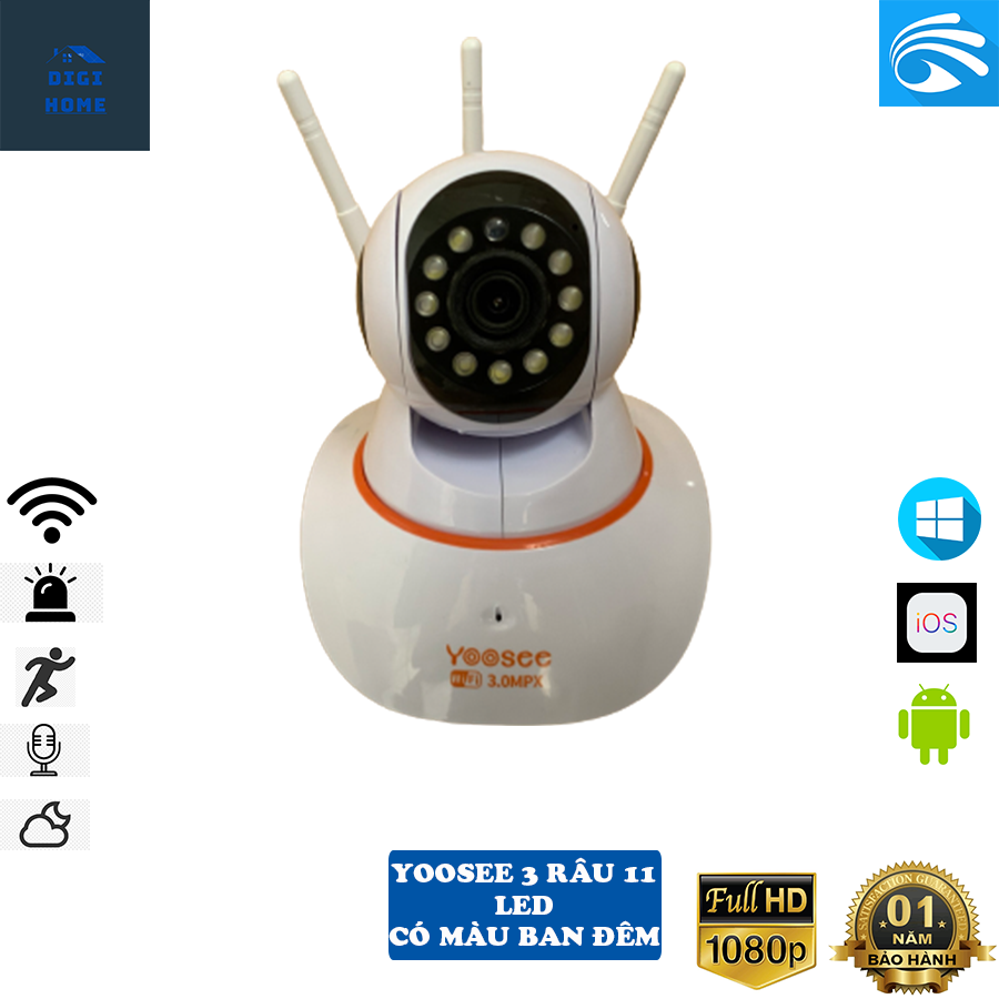 Camera Wifi Yoosee 3 râu 11 led - Xoay 360 độ, cảnh báo chống trộm - Hàng chính hãng