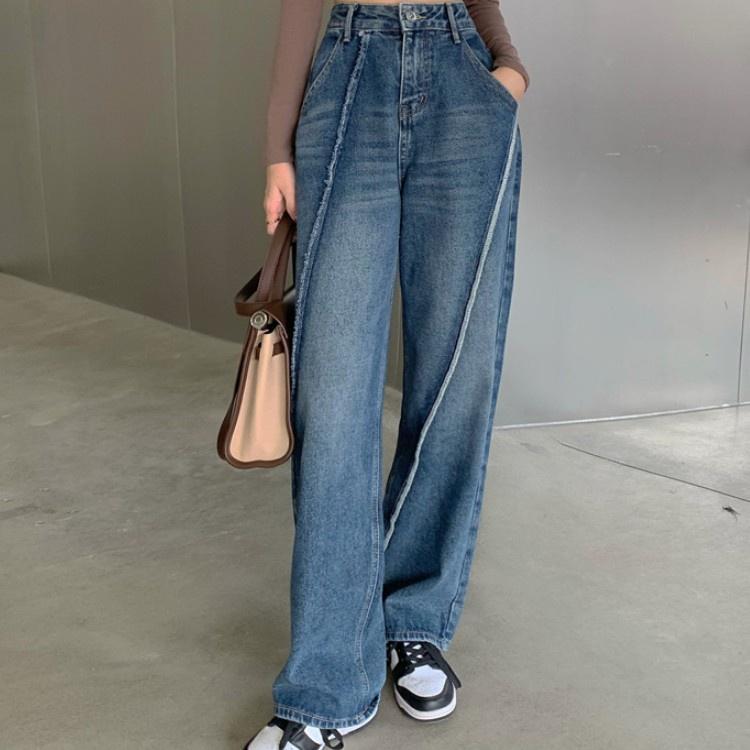 Quần Jeans Nữ Ống Rộng Gân Chéo Dáng Thụng Tôn Dáng