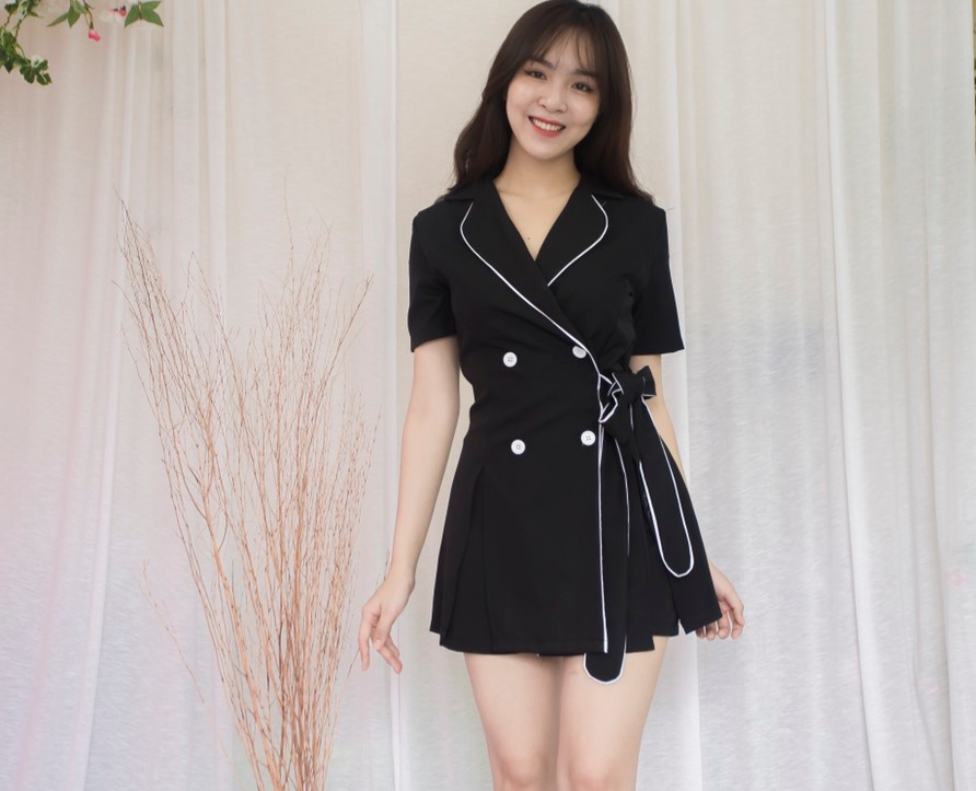 Set đầm công sở cotton mịn có nơ thắt eo- Set công sở cổ vest - Set đồ công sở - Set vest