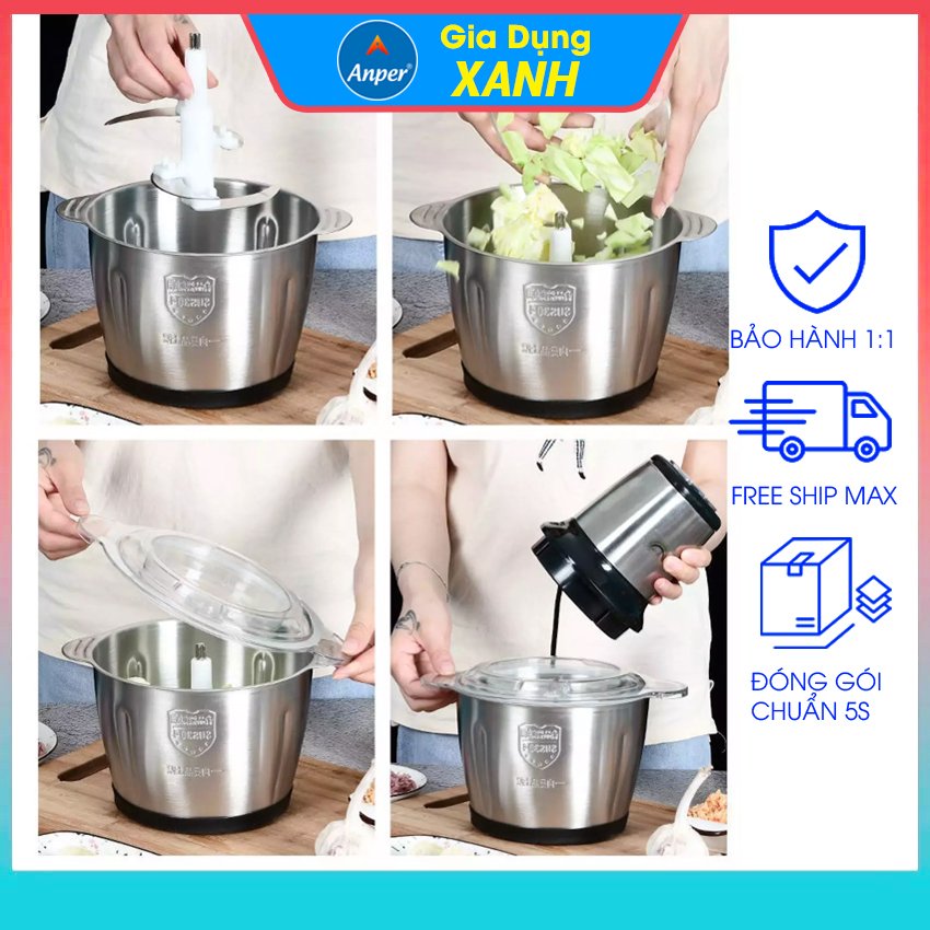 Máy xay thịt đa năng cối Inox 304  dung tích 2L  4 lưỡi dao bằng thép sinh tố tỏi  tiêu thức ăn dặm