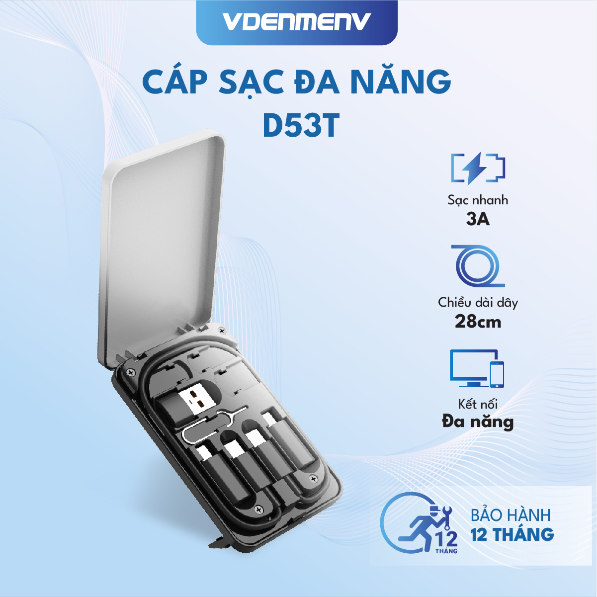 Bộ Cáp Sạc Nhanh &amp; Truyền Dữ Liệu Đa Năng VDENMENV D53T (3A), Giá Đỡ Điện Thoại, Que Chọc Sim &amp; Khe Sim - Hàng chính hãng