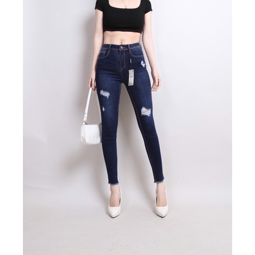 Quần Jean Nữ Skinny Cạp Cao co giãn Gấu Tua Rua Rách CT JEANS