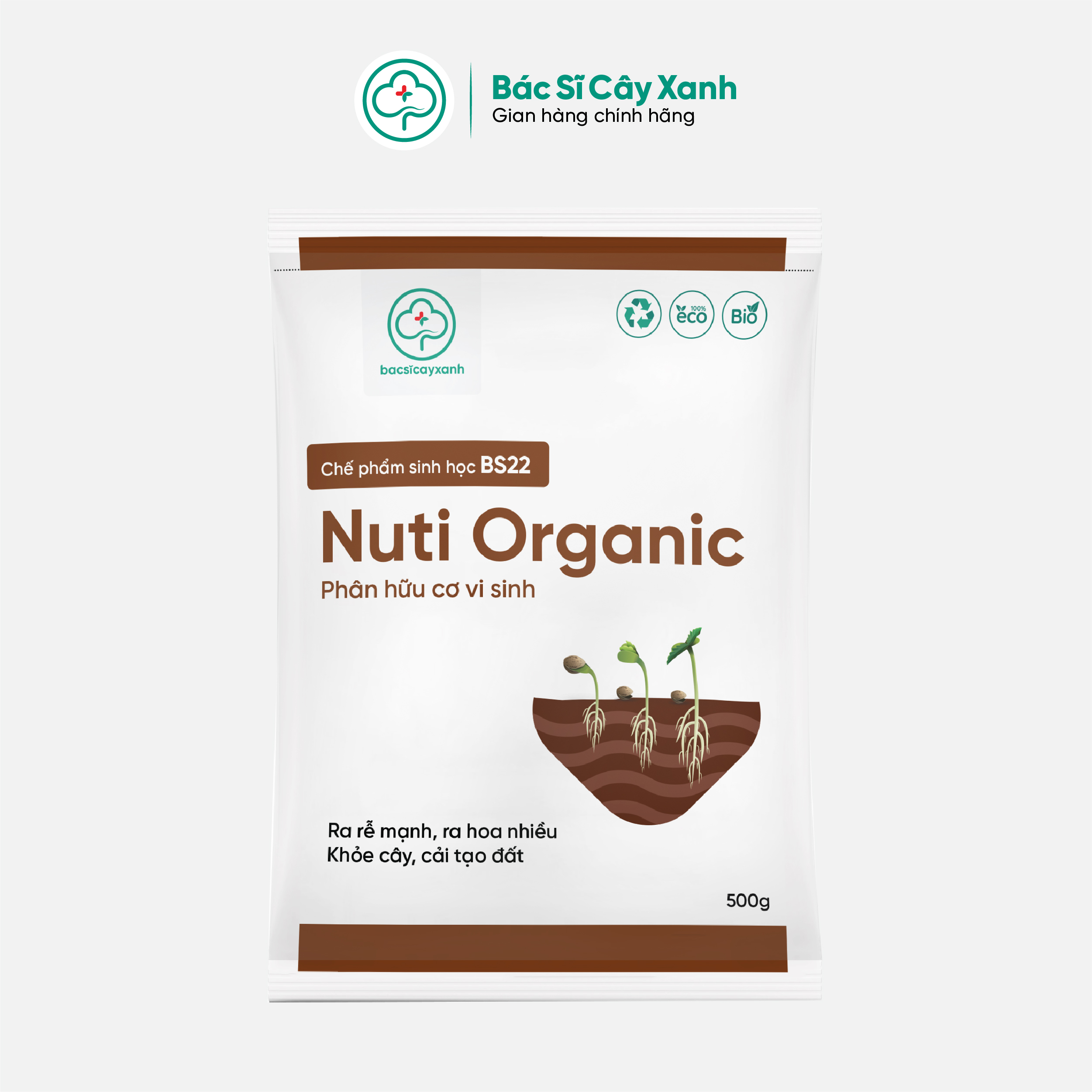 Phân hữu cơ vi sinh giúp ra rễ mạnh, ra hoa nhiều, khoẻ cây, cải tạo đất BS22 Nuti Organic 500g NSX Bacsicayxanh