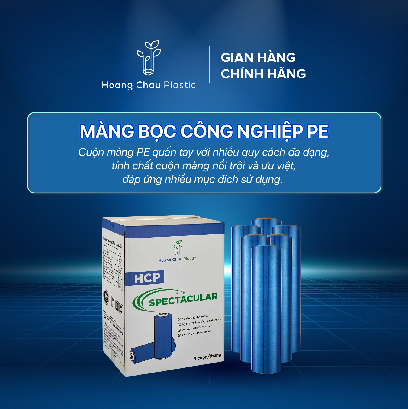 Màng Quấn Tay Xanh Dương HOÀNG CHÂU PLASTIC Khổ 16mic x 2.65kg Nhựa Nguyên Sinh Bảo Vệ Môi Trường