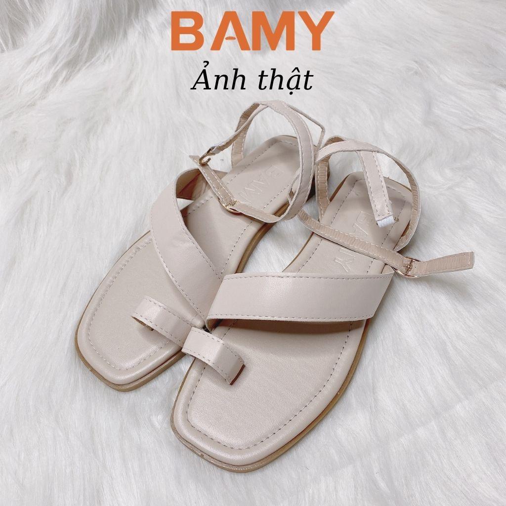 Giày (Dép) Sandal nữ xỏ ngón chiến binh BAMY đế bệt, quai chéo cài khuy cổ chân hot hè 2021 đi biển đi chơi đi học