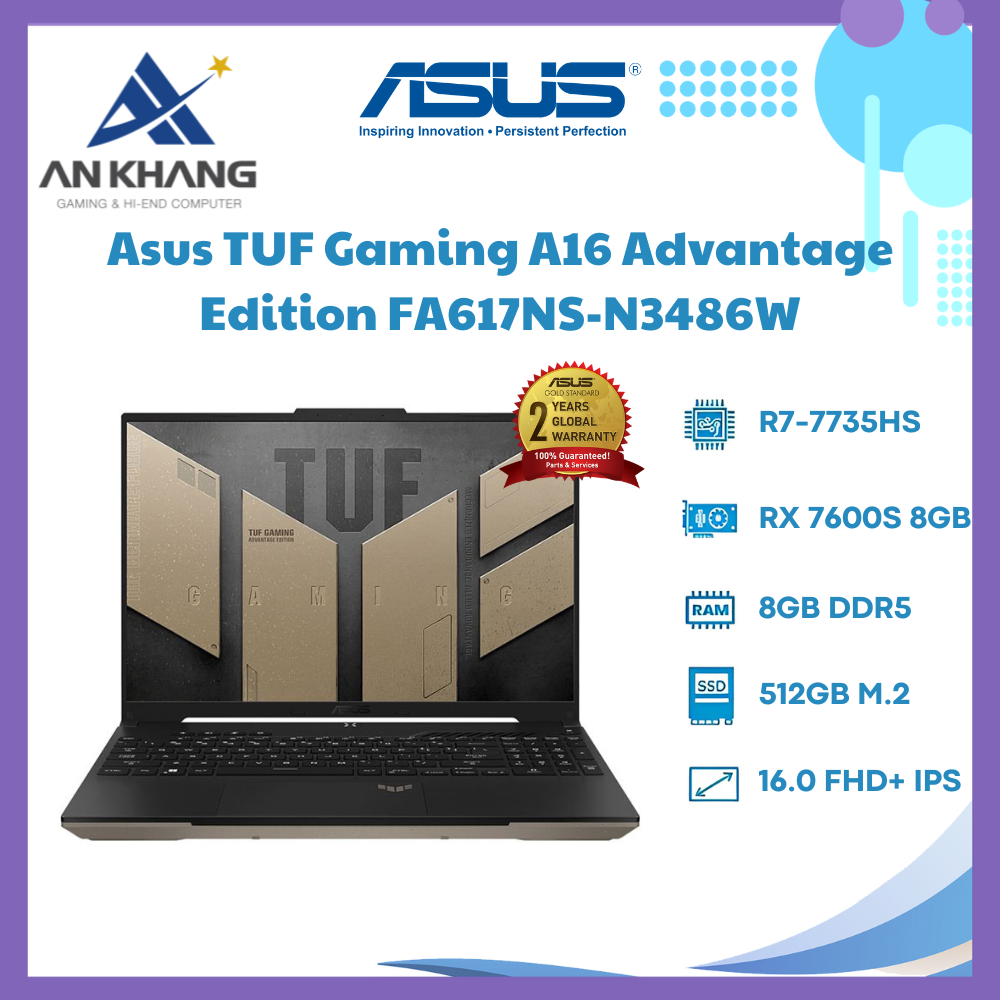 Laptop ASUS TUF Gaming A16 Advantage Edition FA617NS-N3486W (Ryzen 7 7735HS/RAM 8GB/RX 7600S 8GB/512GB SSD/ Windows 11) - Hàng Chính Hãng - Bảo Hành 24 Tháng