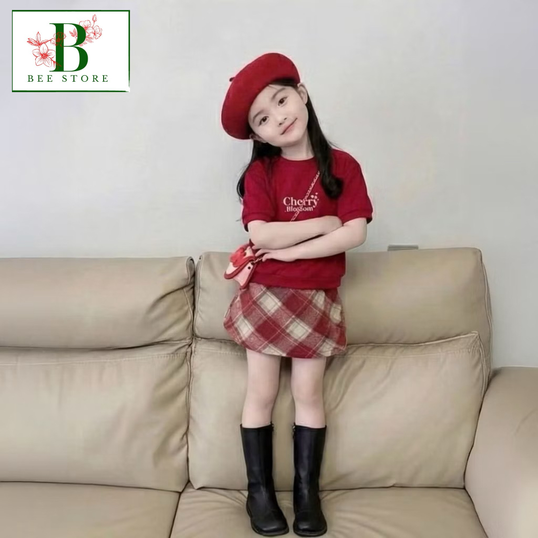 Set Váy Bé Gái Phối Nơ + Chân Váy Caro Dạ Chữ A Từ 8-45kg Dành Cho Bé Gái