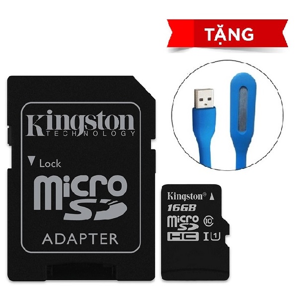 Thẻ Nhớ Micro SDHC Kingston 16GB Class 10 UHS-I SDC10G2/16GBFR (Có Adapter) - Hàng chính hãng + Tặng đèn Led