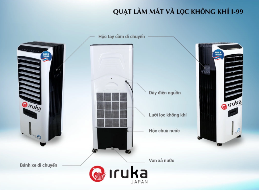 Quạt Điều Hòa, Làm Mát Không Khí  IRUKA I-99 Cảm Ứng 3 Chế Độ Gió, 4 Chế Độ Đảo Chiều Dung Tích 17L Công Suất 200W - Hàng Chính Hãng