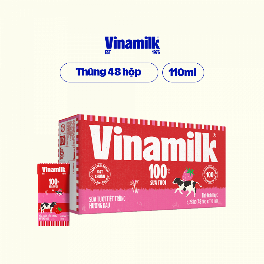 Thùng 48 Hộp Sữa Tươi Tiệt Trùng Vinamilk 100% Hương Dâu 110ml