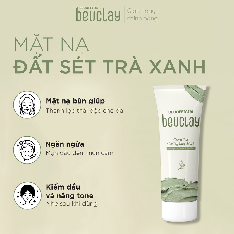 Mặt nạ bùn đất sét BEUCLAY trà xanh sáng da, se khít lỗ chân lông, kiểm soát dầu, ngăn ngừa mụn cám mụn đầu đen