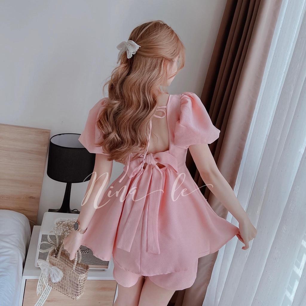 Sét bộ áo tay phồng cổ vuông phối quần đùi màu sắc dịu dàng thời trang nữ dự tiệc, dạo phố