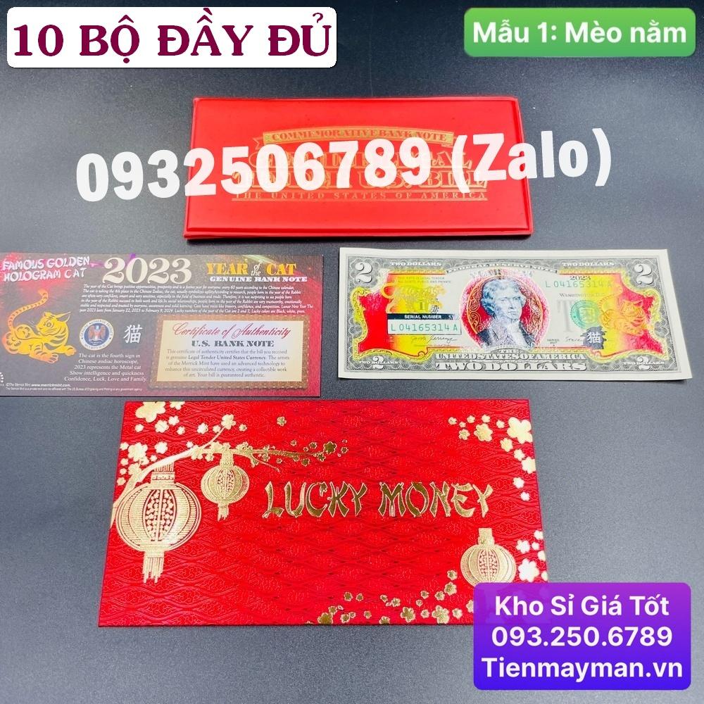 [CÒN HÀNG] [10 SÉT] TIỀN LÌ XÌ MAY MẮN - TỜ 2 Đô Hình Con Mèo 2023 Mạ Vàng Mỹ [MÈO NẰM]