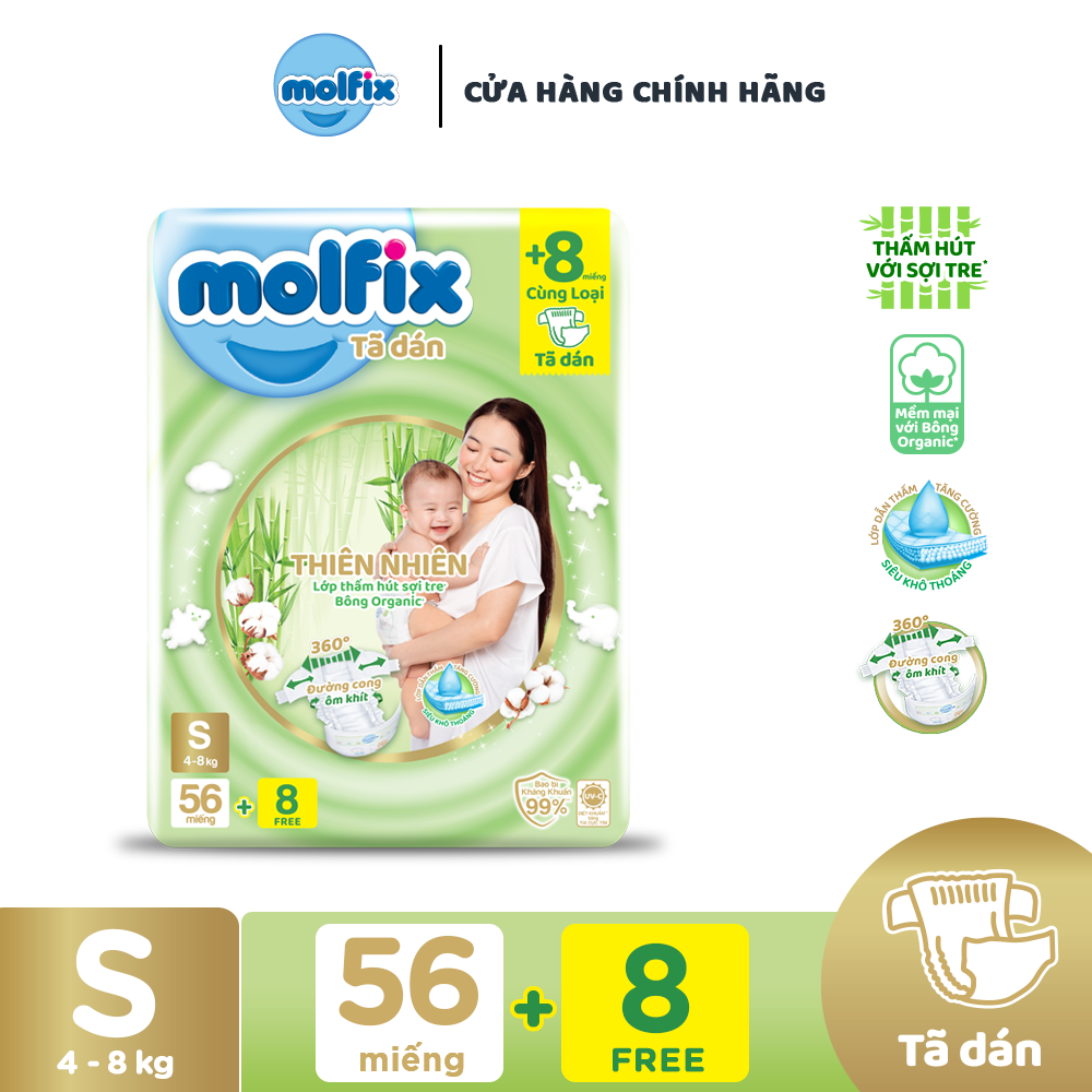 Tã/bỉm dán Molfix Thiên nhiên Jumbo S (4kg - 8kg) - Gói 56 miếng