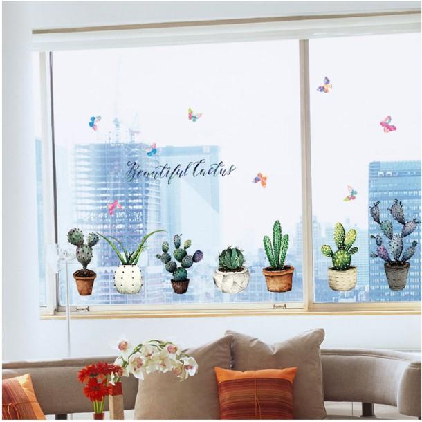 Decal trang trí tường - Nhiều chậu cây Xương Rồng Đậm