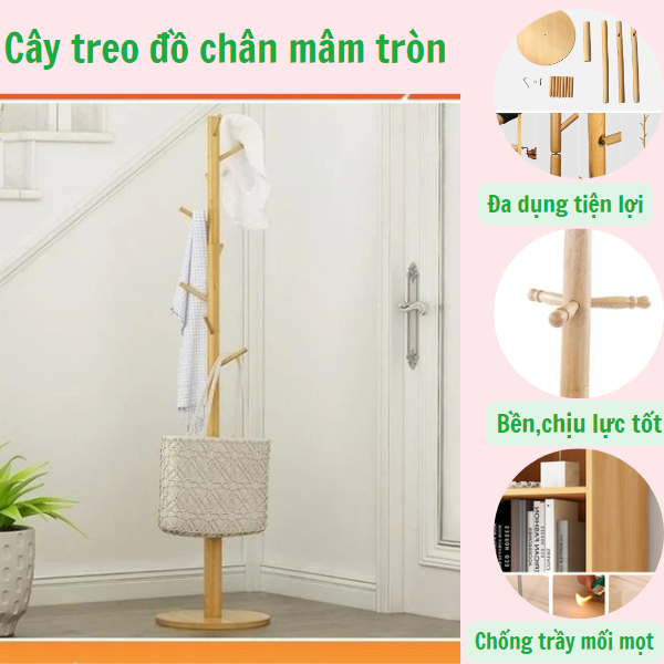 Cây treo đồ chân mâm tròn bằng gỗ cao su - giá treo đồ bằng gỗ cao su thiên nhiên chịu tải trọng 30kg