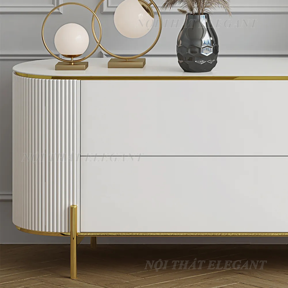 Kệ tivi mặt đá Cẩm thạch cao cấp, kiểu dáng thanh lịch, chân inox mạ titan, có 4 ngăn kéo và 2 cánh mở - EL-TV45