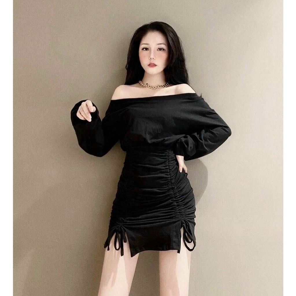Gunkaymatter Đầm Trễ Vai Rút Dây 2 Bên Hông Đầm Ôm Body Chất Liệu Thun Bozip Mẫu Siêu Dễ Thương