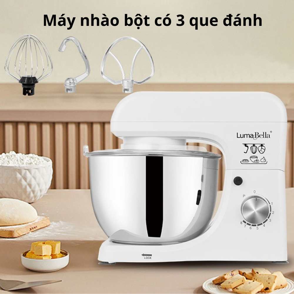 Máy trộn bột, nhào bôt làm bánh để bàn 3IN1 Lumabella LB-55001 công suất lớn 2000W, cối inox dung tích 6.2L, dễ dàng vệ sinh - DELIYA - HÀNG CHÍNH HÃNG